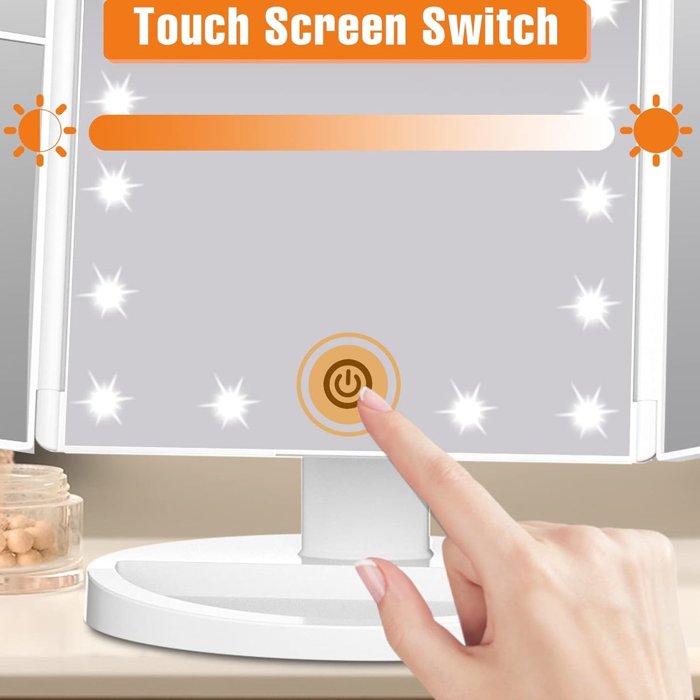 Trifold Vanity Mirror with Lights - Lighted Makeup Mirror 2X/3X Magnification | 21 LED Touch Dimming, 180° Rotation