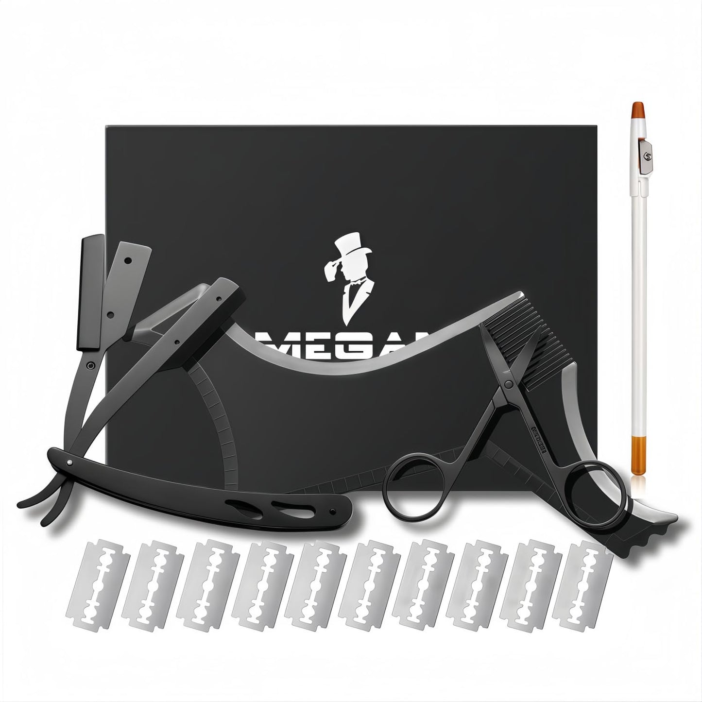 Megan beard shaping tool,5 piece set beard shaper for man - include professional straight edge razor,template guide,10 count of double edge blades,barber pencil and stainless steel scissors.