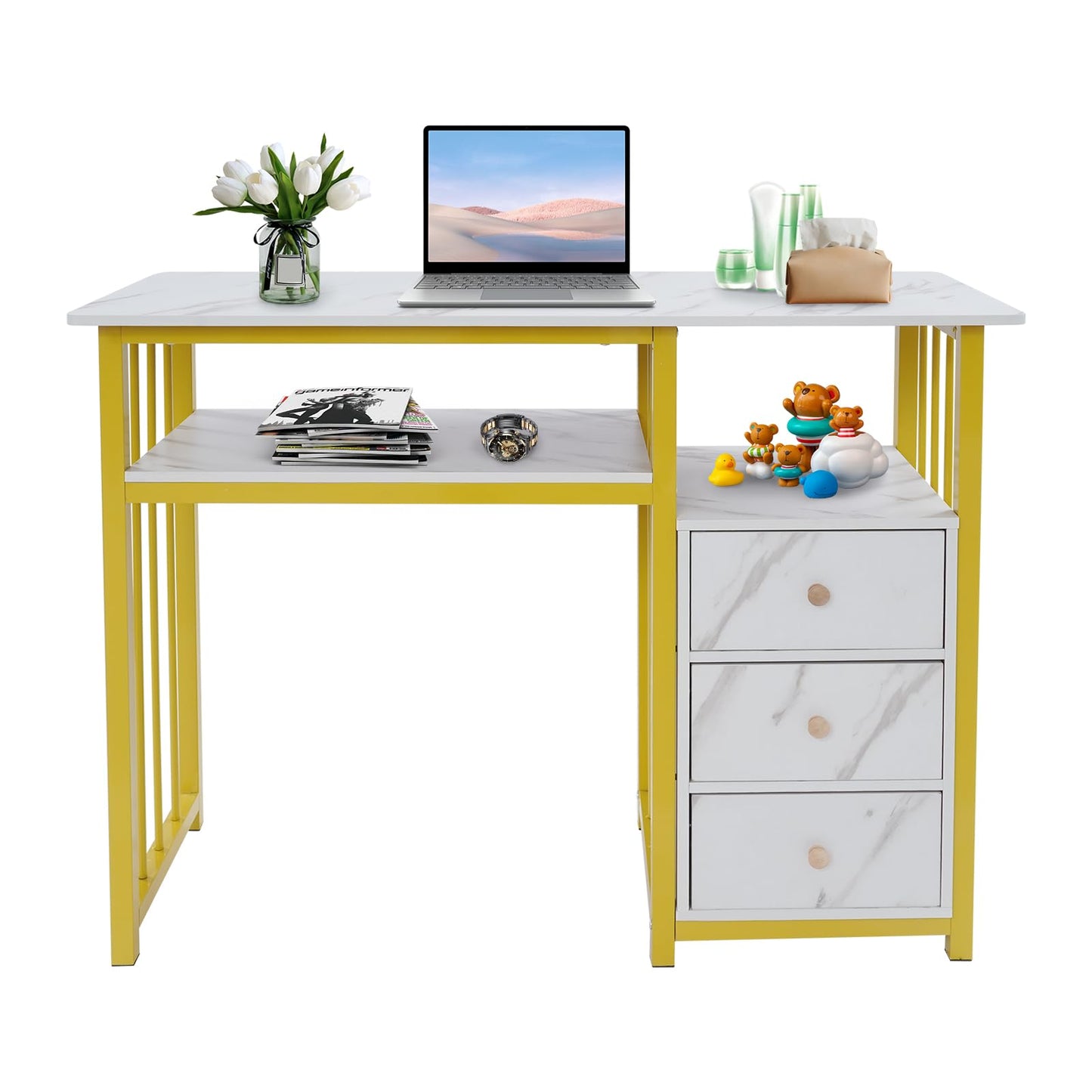Manicure Table Nail Desk for Nail Tech, Marbling Texture Manicure Desk with 3 Drawers, Multipurpose Table Beauty Salon Workstation with Open Shelf for Living Rooms, Offices, Nail Salons, Beauty Salons