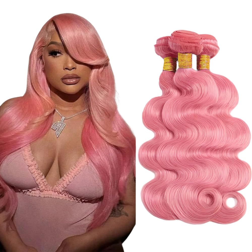 Pink Bundles Human Hair Body Wave Bundles 30 32 34 Inch Pink Body Wave Bundles Unprocessed Brazilian Virgin Hair 3 Bundle 50 Gram Per Bundle Deals Quick Weave Hair Extensions