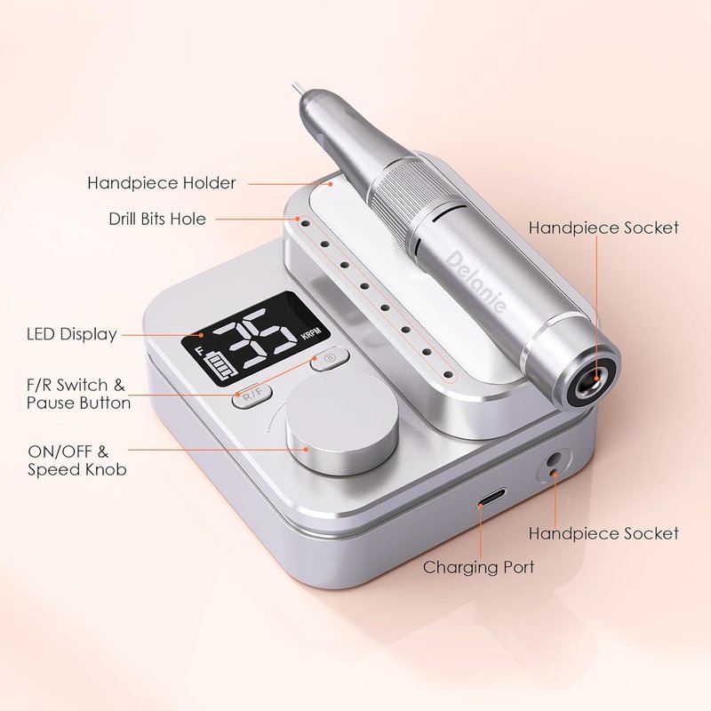 Electric Nail Drill Machine - 35000 RPM E File for Professional Nail Care | Rechargeable with Magnetic Handpiece Holder & 7 Bits