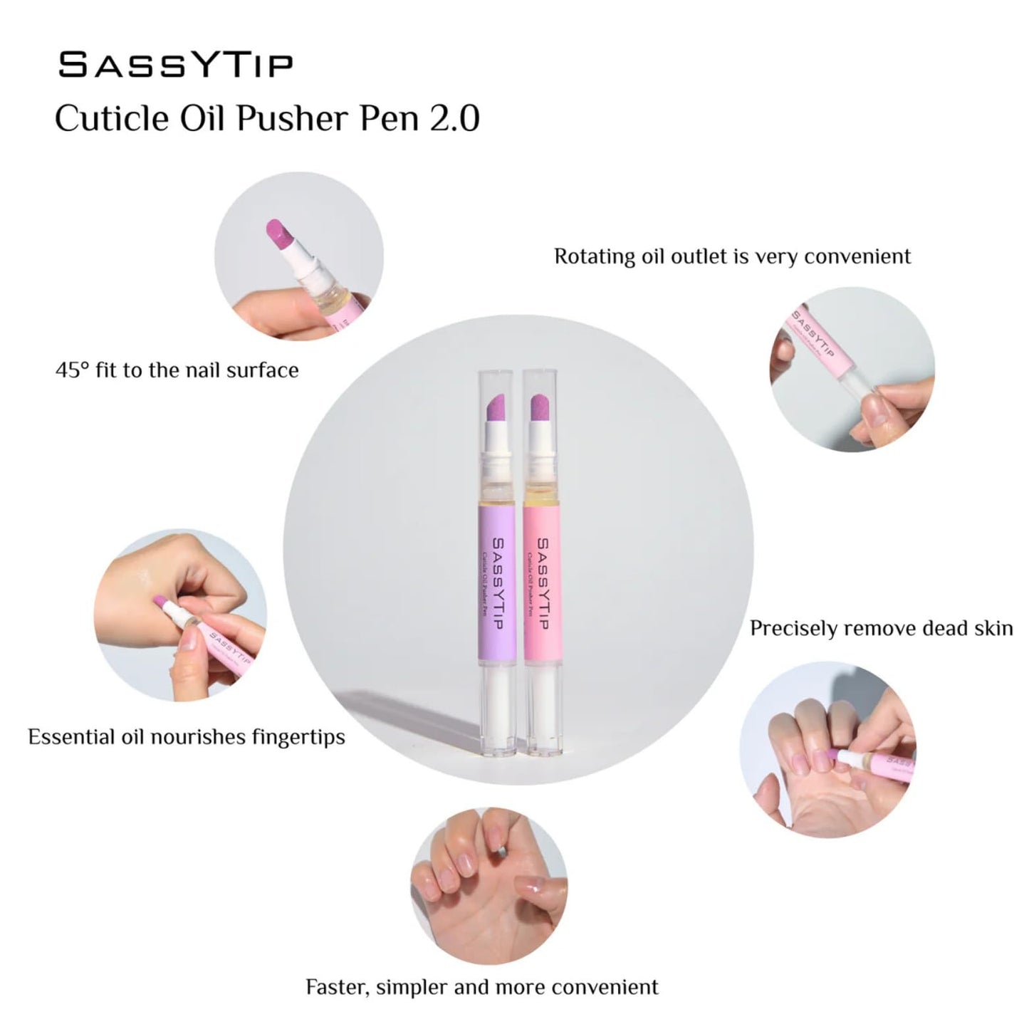 SASSYTIP Ceramic Cuticle Pusher & Oil Pen, 2ml Rose/Lavender/Fragrance Free Scented Nail Care Pen, Gentle Cuticle Remover for Dry & Damaged Nails, Moisturize Strengthen Brighten (Pink&Purple)