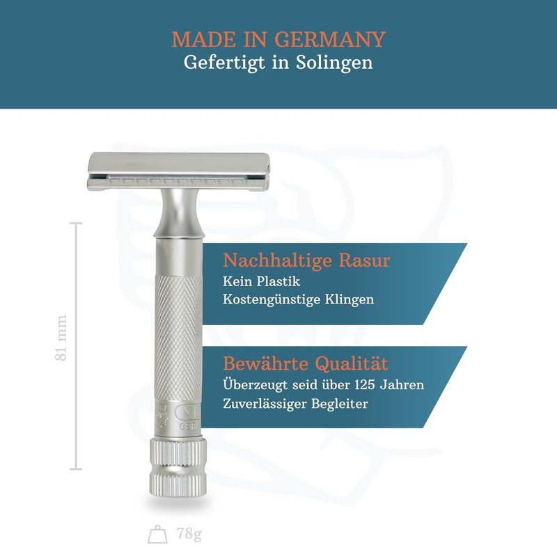 MERKUR 34C Double Edge Safety Razor - Matte Chrome | Heavy Duty Knurled Brass Handle | Made in Germany | Plastic-Free | Two Piece Design | Closed Comb | Straight Bar
