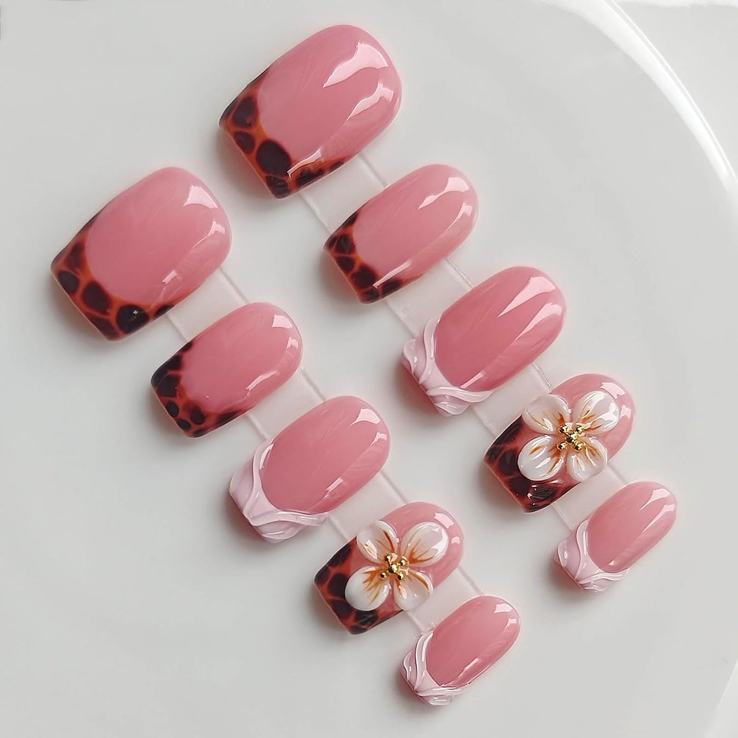 Pink Press On Nails - Handmade Short Square Style | M Size Daily Wear Y2K Cute French Design with Polka Dot & 3D Flowers - 10 Pcs
