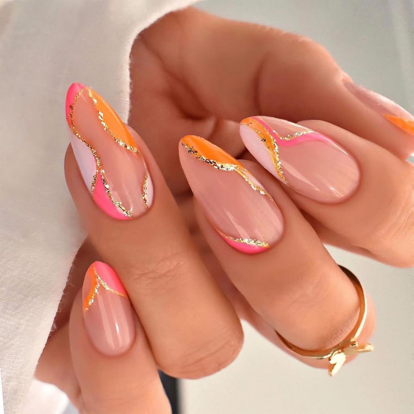 Press On Nails - Orange Almond Shape with Gold Glitter Swirl | 24 Pcs Acrylic Fake Nails for Women
