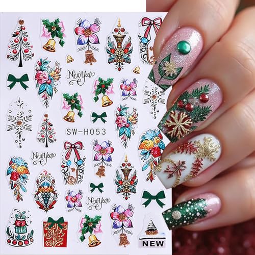 WFBBKP Christmas Nail Stickers 24 Sheets - Holiday Gold Glitter Xmas Tree Designs