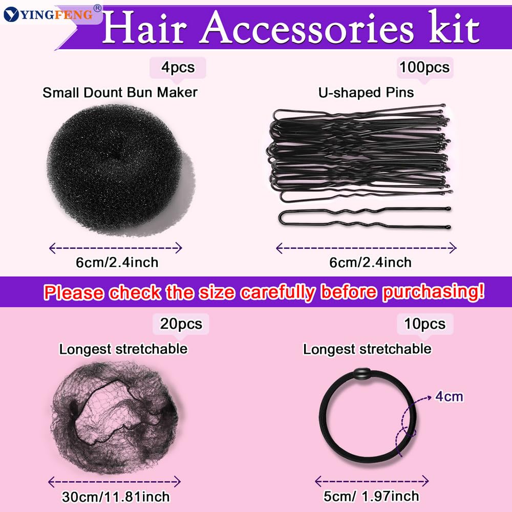 134 Pcs Black Hair Bun Maker Kit - 4 Donuts, 20 Nets, 100 Bobby Pins | Kids & Women Hair Accessories