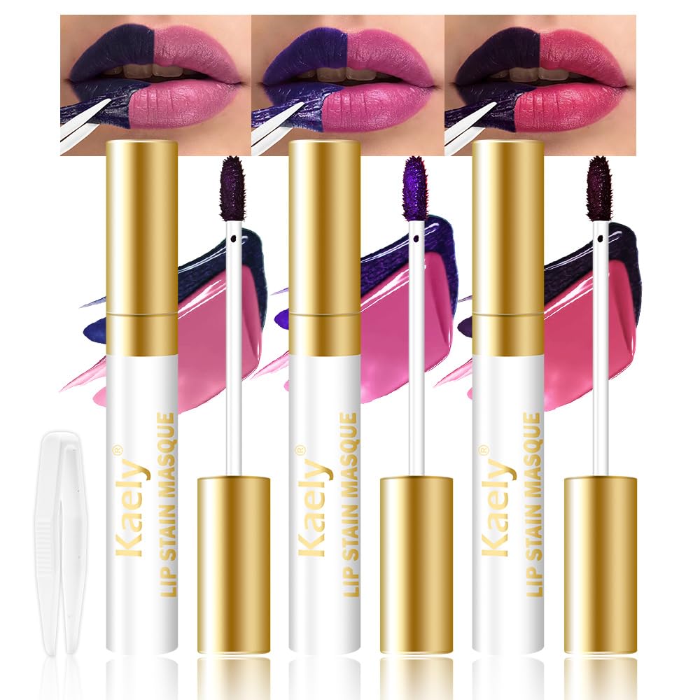 Kaely 3Pcs Lip Stain Peel Off Masque, Long Lasting Waterproof Smudge Proof Lip Tint, Non-Transfer Semi Permanent Lipliner Tattoo with Tweezer, Matte Finish, Vegan & Cruelty-Free, Set B-02+09+10