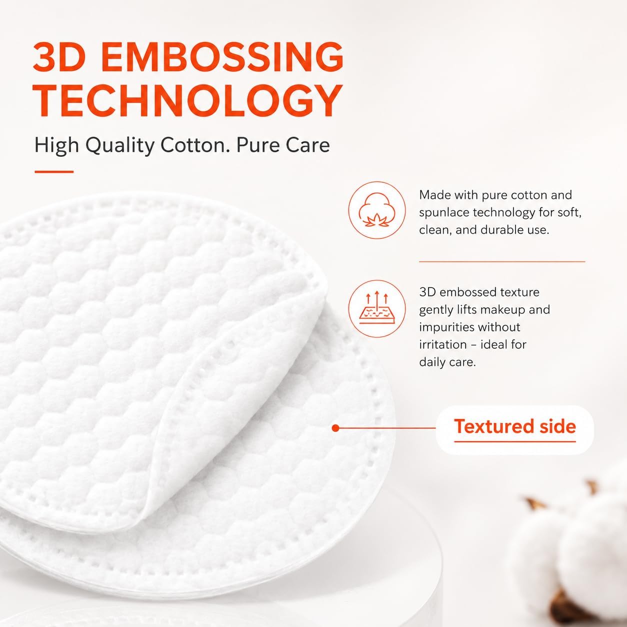 3D Cotton Rounds - Premium Embossed Makeup Remover Pads, Tear-Resistant & Absorbent | 400 Count