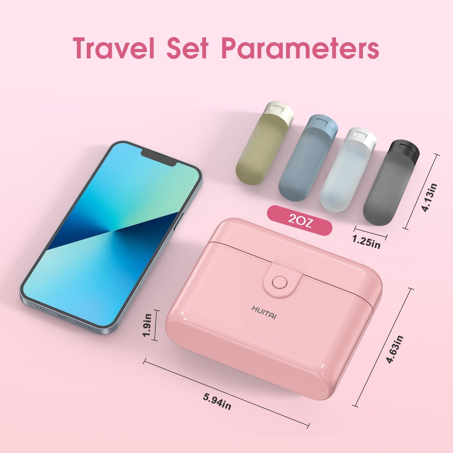 HUITAI Travel Bottles with Case, 4x2oz TSA Approved, Leak-Proof, Press to Unlock, Compact & Portable Travel Toiletries (Pink)
