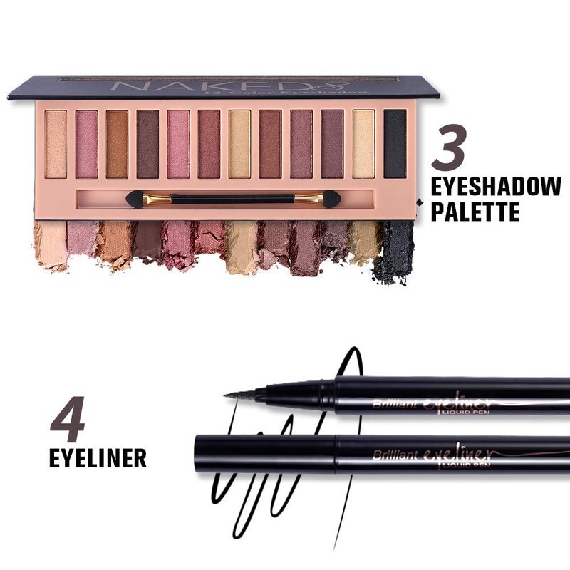 All-in-One Makeup Kit - 12 Color Nude Shimmer Eyeshadow Palette, Waterproof Eyeliner & Brushes | Quicksand Cosmetic Bag Gift Set
