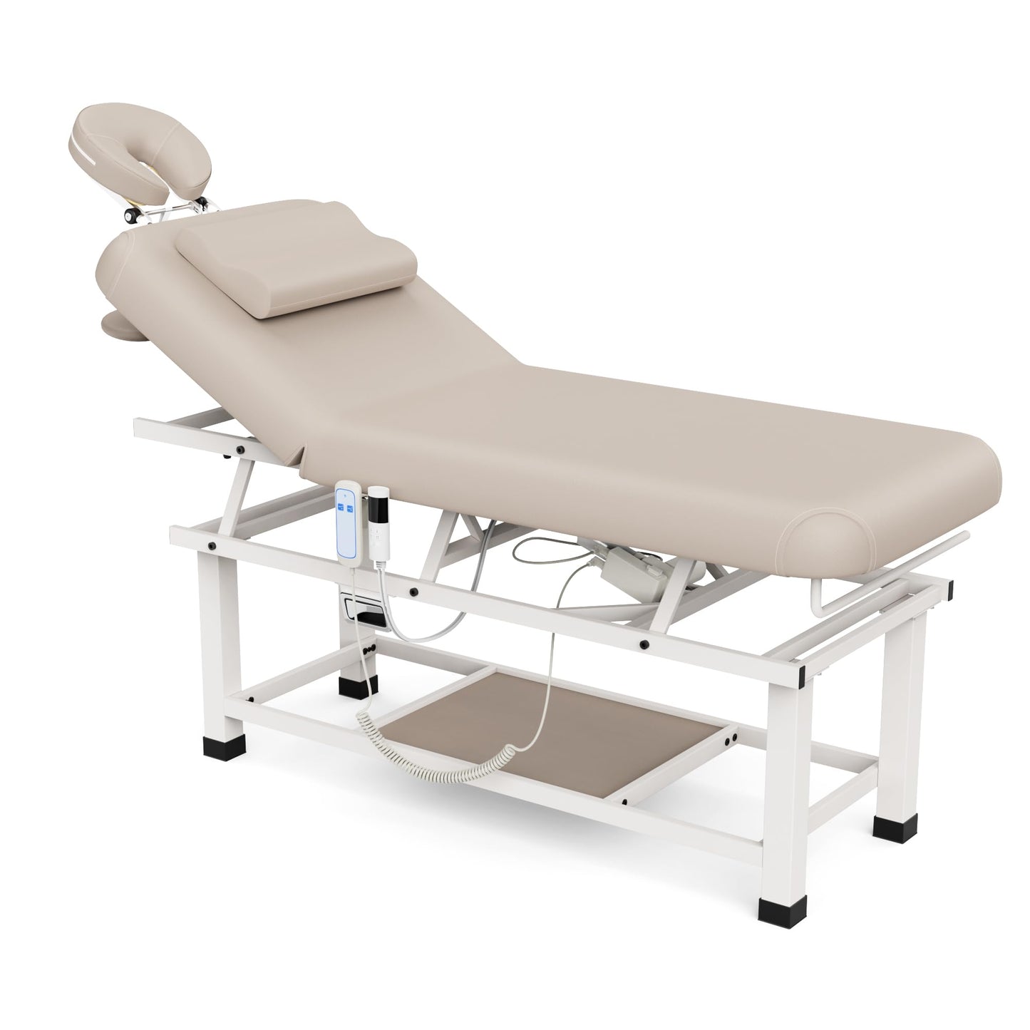 pouseayar Heavy Duty Electric Stationary Massage Table with Heating Function, Backrest Adjustable and Storage Space for Treatment/Medical Spa/Facial/Beauty/Massage Bed - 30 x 75 - Beige Gray