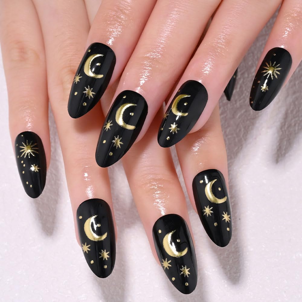 Short Almond Press-On Nails - French Tip & 3D Gold Star Design | Glossy Full Cover Acrylic, Reusable Fake Nails for Women