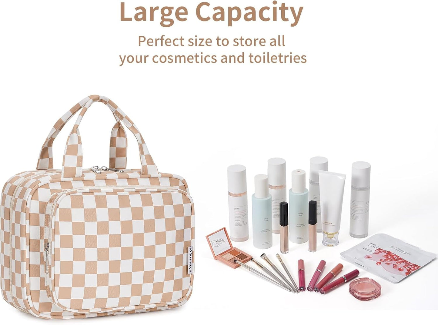 Hanging Toiletry Bag for Women - Travel Makeup Organizer with Light Checkerboard Design | Medium Size