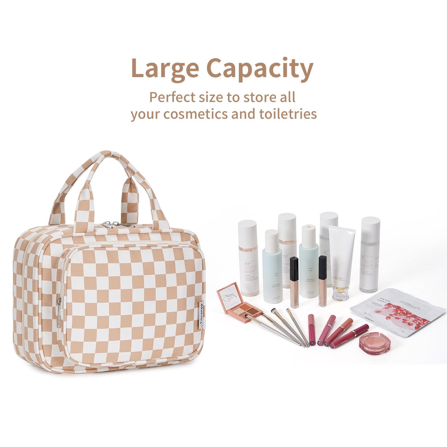 Narwey Hanging Toiletry Bag for Women Travel Makeup Bag Organizer Toiletries Bag for Travel Size Essentials Accessories Cosmetics (Light Checkerboard (Medium))