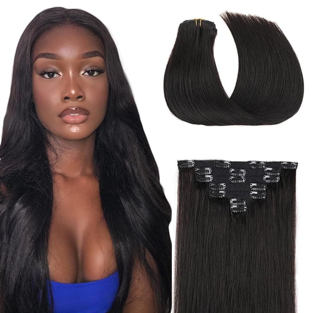 Clip in Hair Extensions Real Human Hair, 22 Inch 120g/7Pcs,Full Shine Remy Hair,1B Natural Black Clip ins Brazilian Virgin Human Hair Extensions
