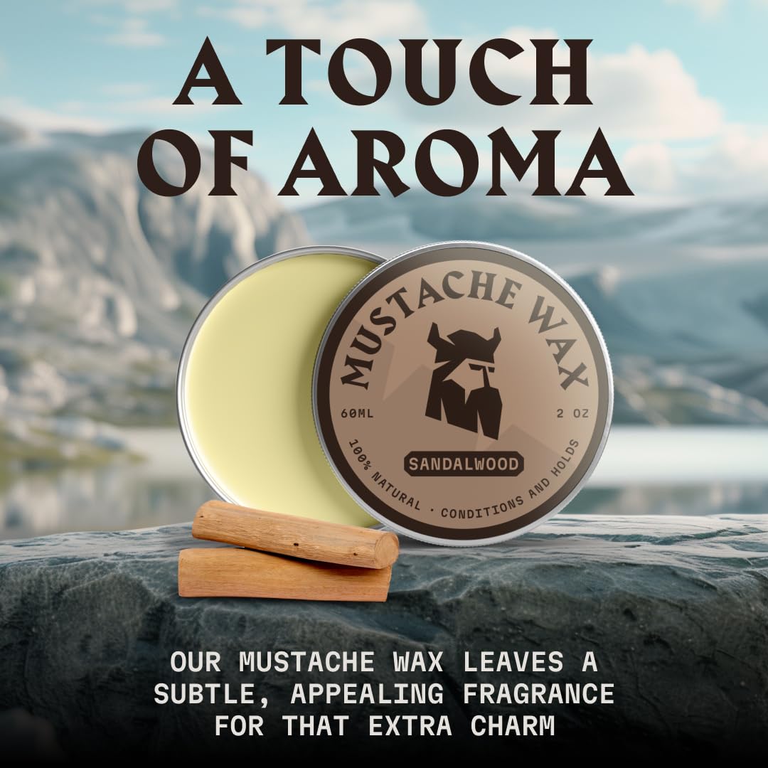 Striking Viking Mustache Wax for Men with Comb - 2 oz, Sandalwood - Strong Hold Wax with Anti-Static Mustache Comb for Precise Grooming - Non-Greasy Formula for Easy Beard Care