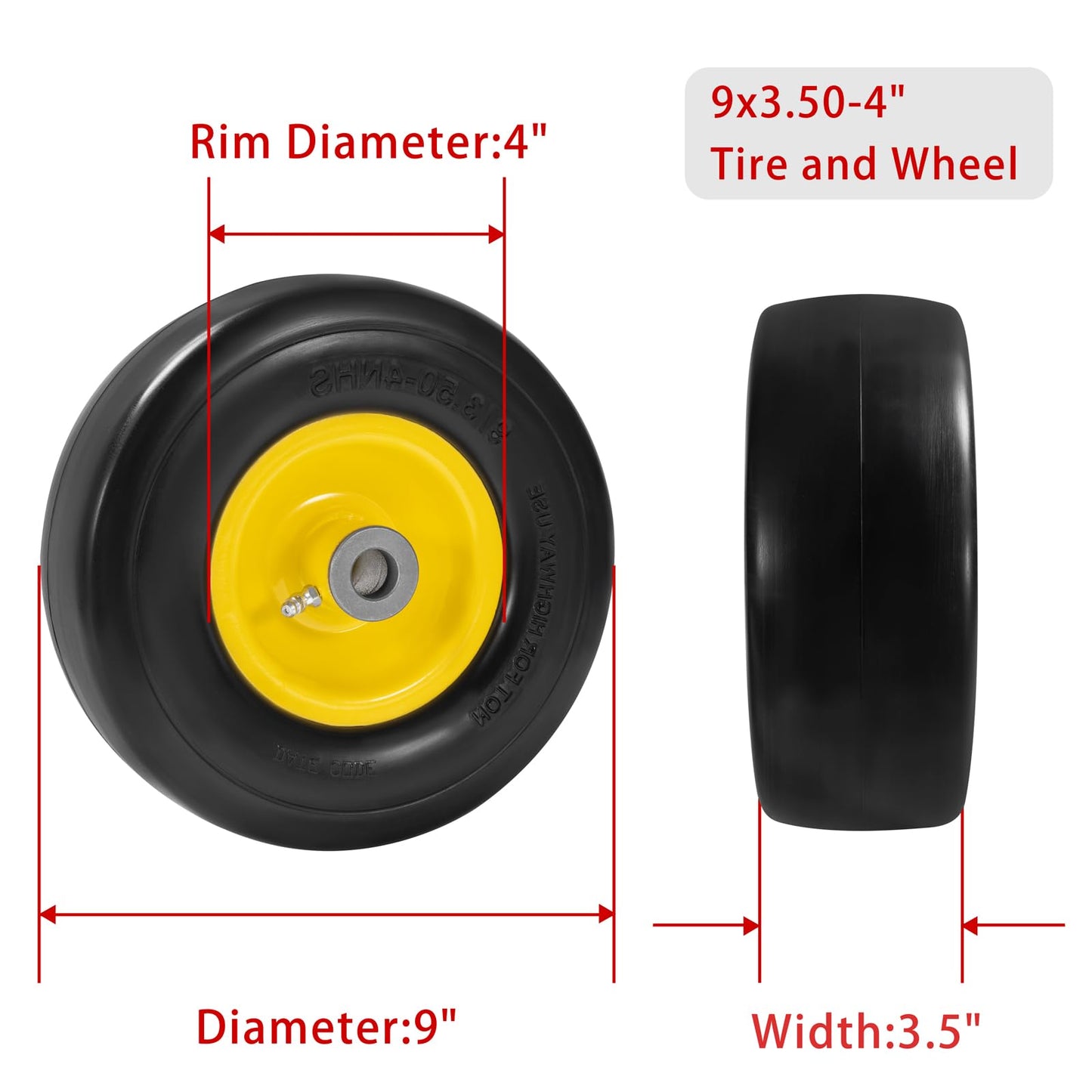 Parts Camp 9x3.50-4" Flat Free Tire and Wheel Lawnmower Tire,front zero turn mower/garden tractors/wheelbarrows/garden carts Tires With 3/4" & 5/8" Bushing,3.5"-4" Centered Hub(Set of 2)