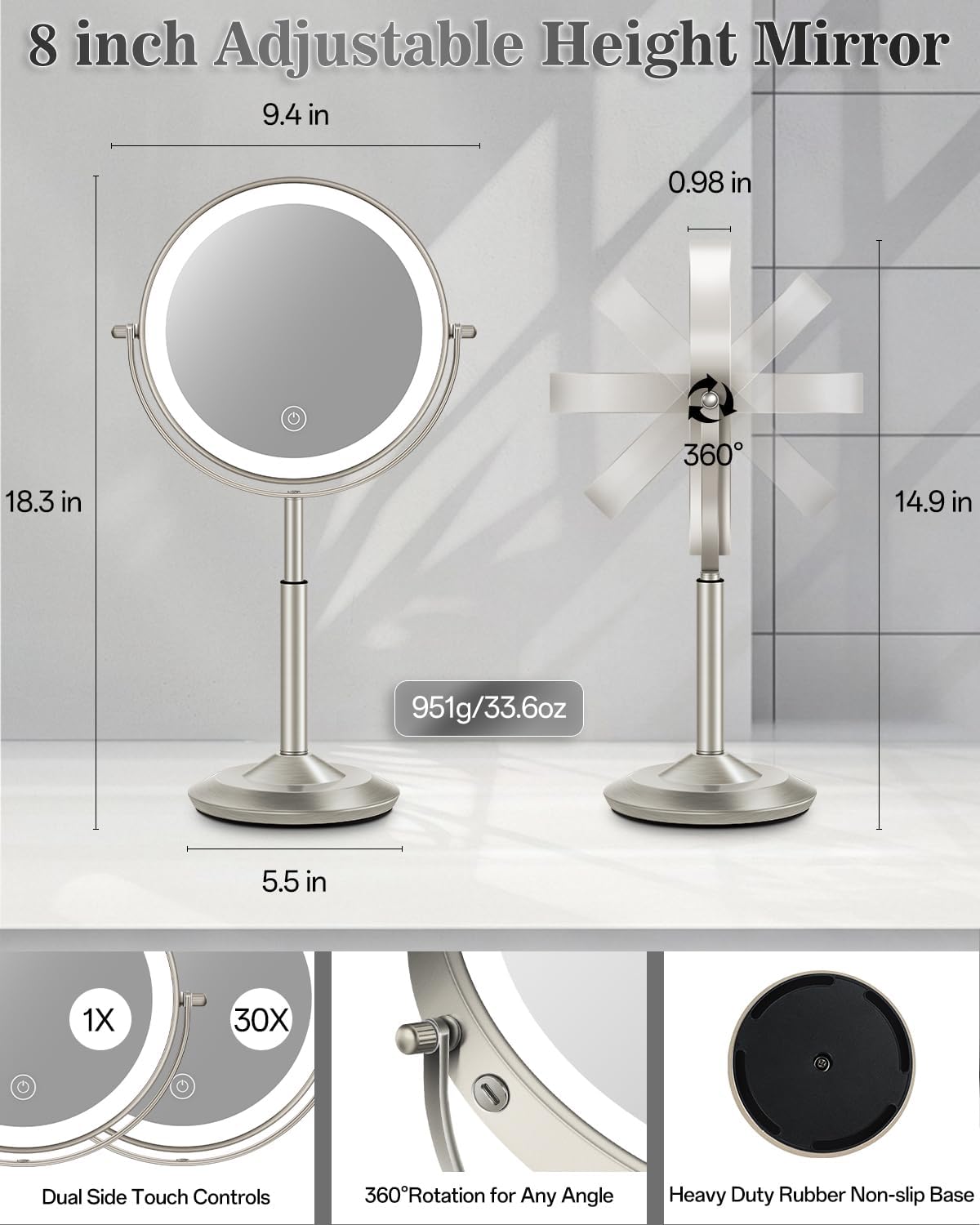 Makeup Mirror with Lights - 1X/30X Adjustable Magnifying Vanity Mirror | Rechargeable, Double-Sided, 3 LED Brightness Options