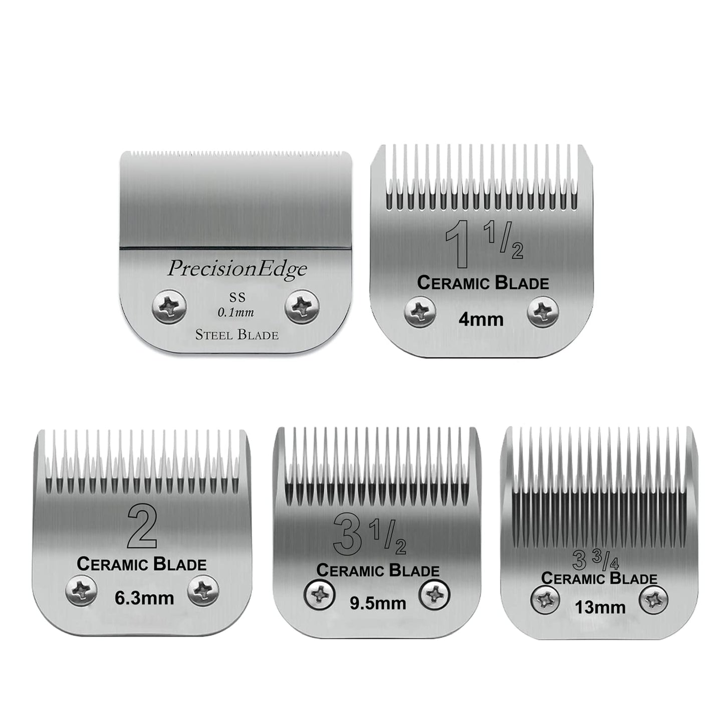 5 Pack Professional Detachable Replacement Blades set,Size（1-1/2+#2+3-1/2+3-3/4+T Outliners）Cut Length 0.1mm to 13mm,compatible with Oster Classic 76/Andis AGC,BDC,BGC,MBG Series Detachable Clippers