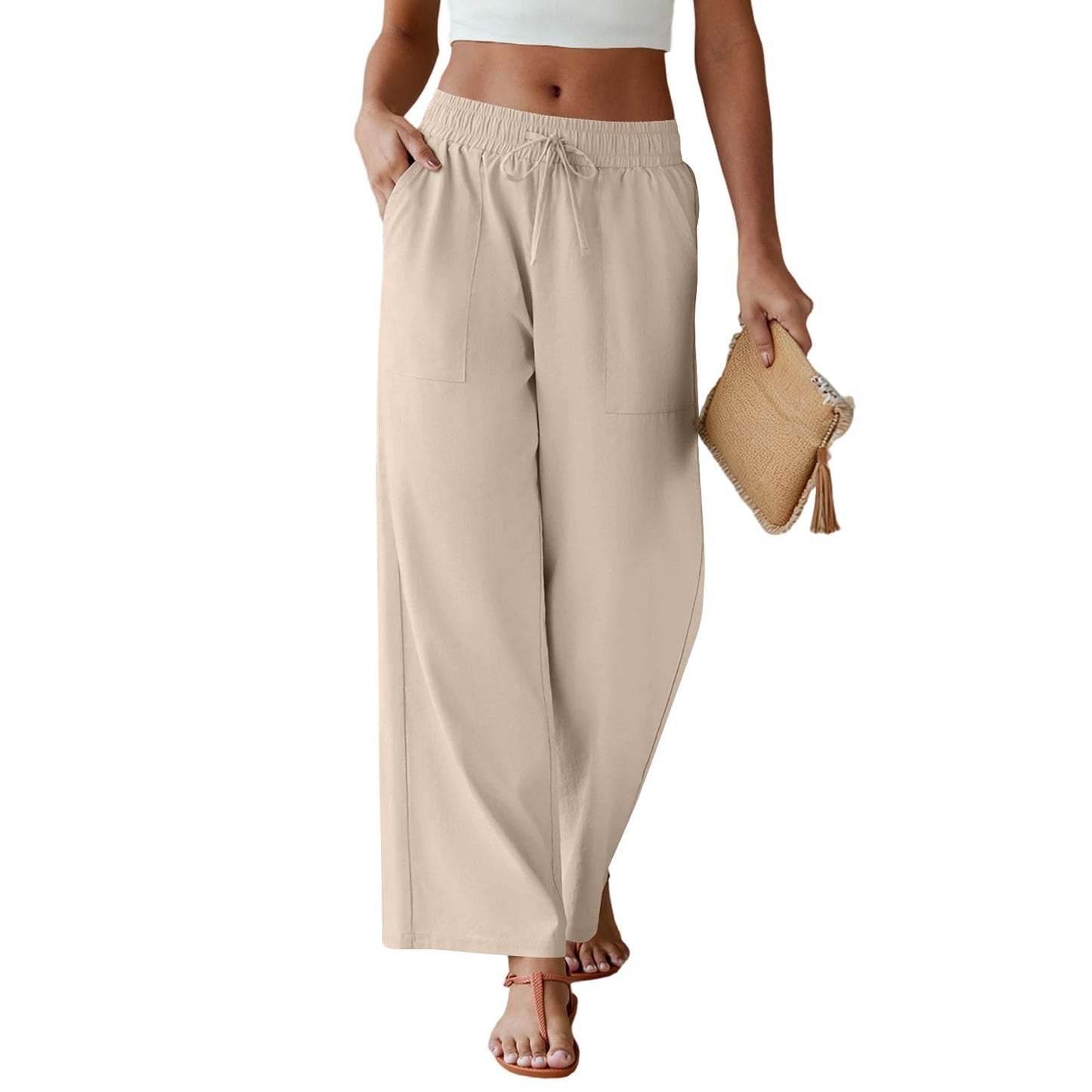 FireSwan Womens Linen Palazzo Pants Wide Leg Drawstring Casual Flowy Pants Summer Beach Trousers with Pockets