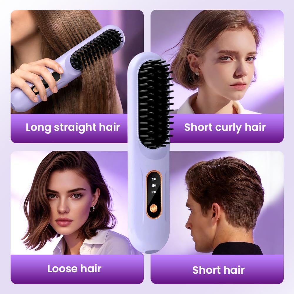 Portable Straightener Brush - Cordless Ionic Ceramic Hair Tool for Long Hair | 30s Fast Heat, 3 Temp Settings, USB-C Rechargeable (Purple)