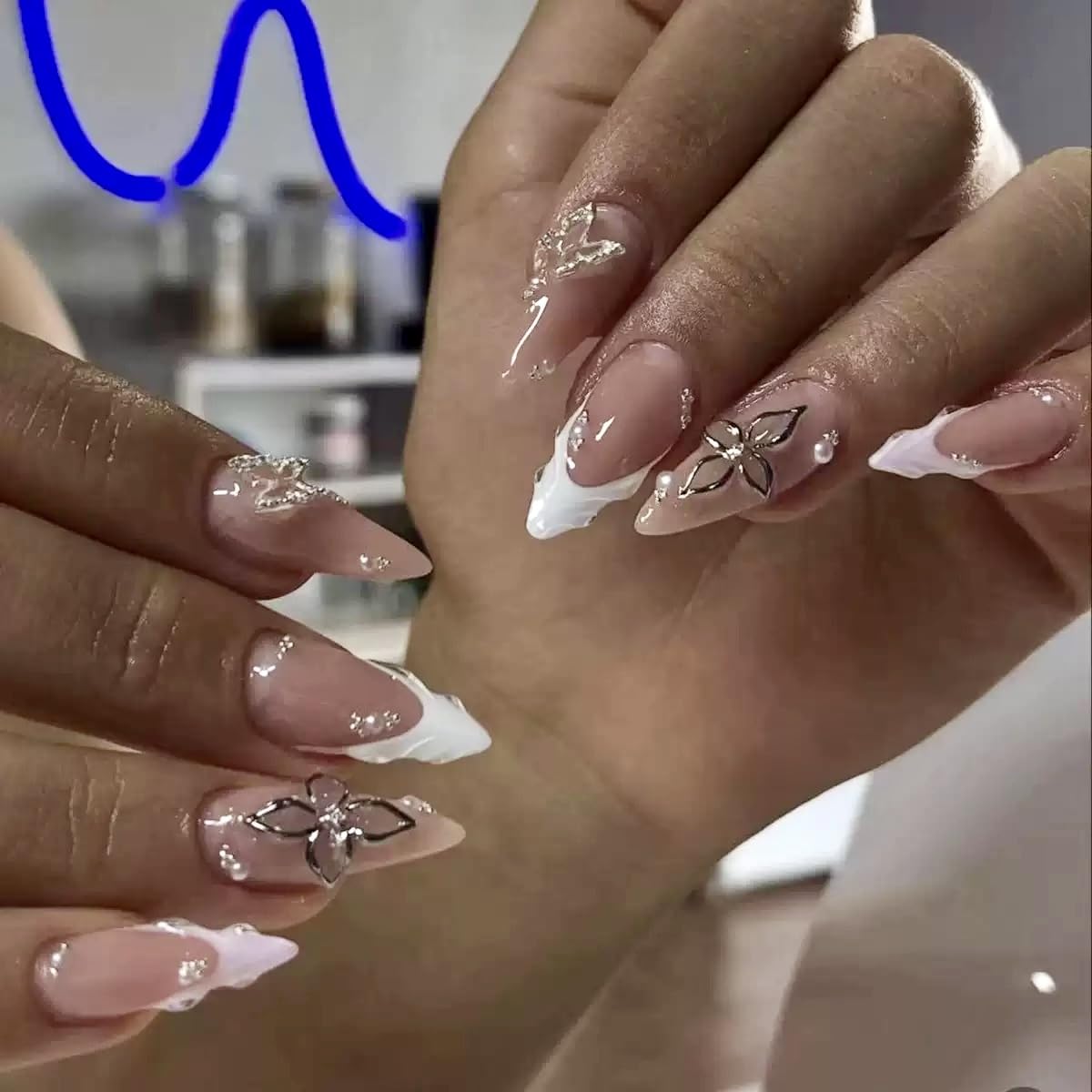 Almond Press-On Nails - Ombre Purple Floral Butterfly Design | 24 Full Cover Rhinestone False Nails for Women
