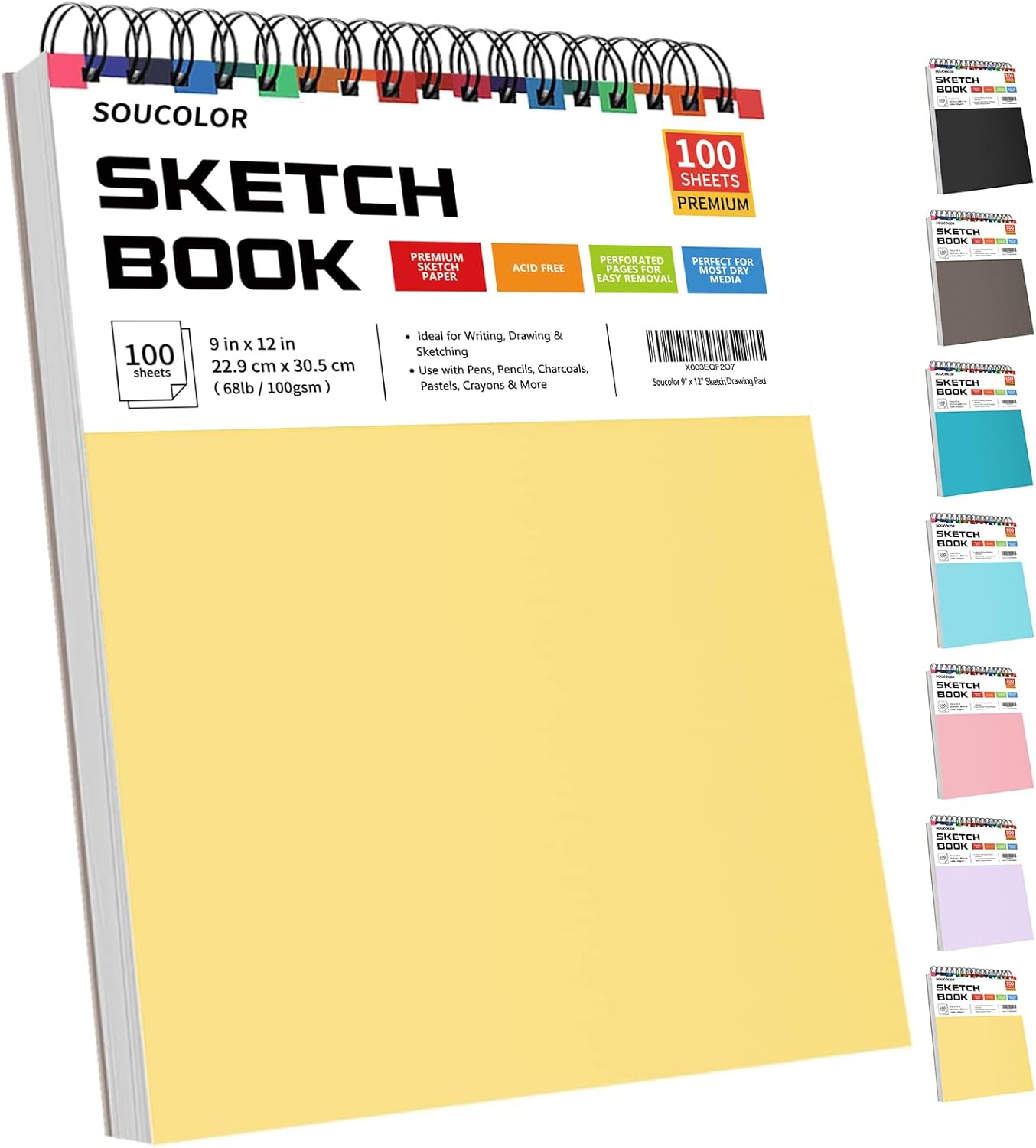 Soucolor Sketch Book - 9" x 12" Top Spiral Bound, 100 Sheets Acid-Free Drawing Paper | Ideal for Kids, Adults & Artists