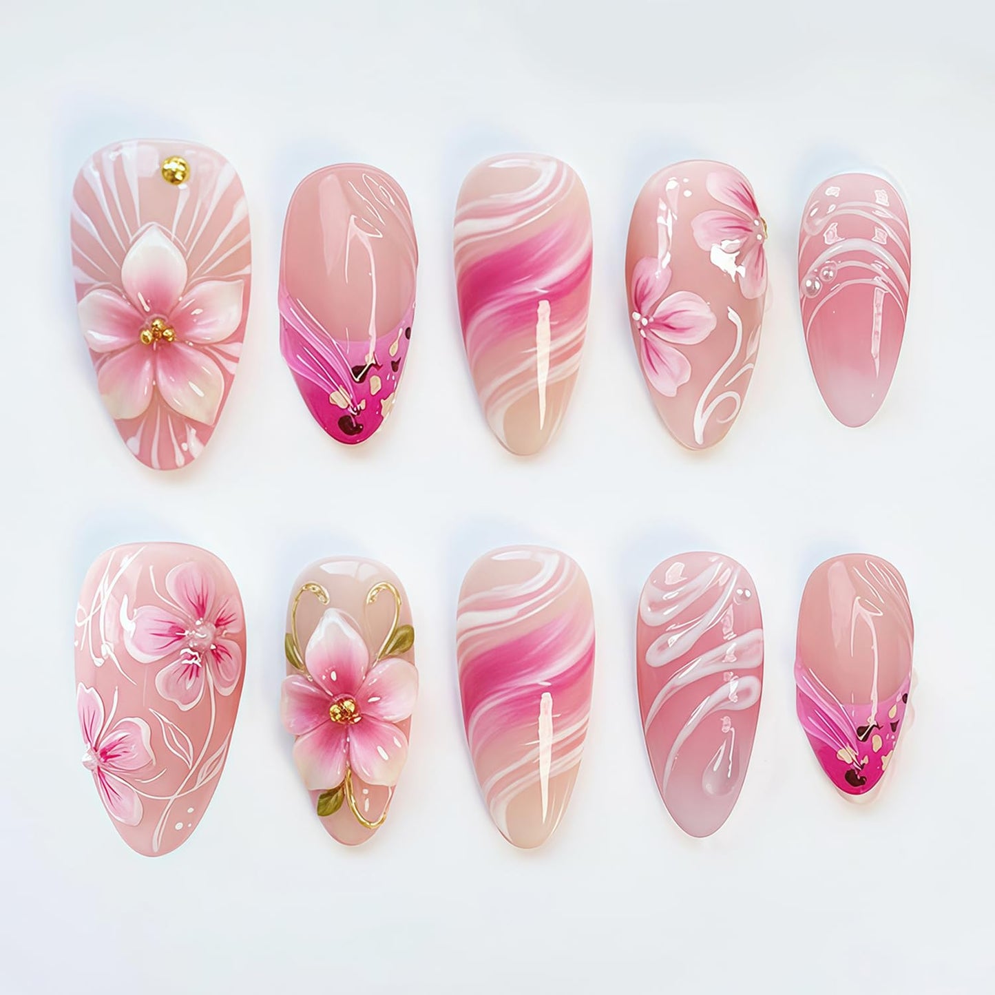 Short Almond Press-On Nails - 24 Pcs French Tip with Leopard Print & Gold Beads | Reusable Acrylic Nail Designs for Women
