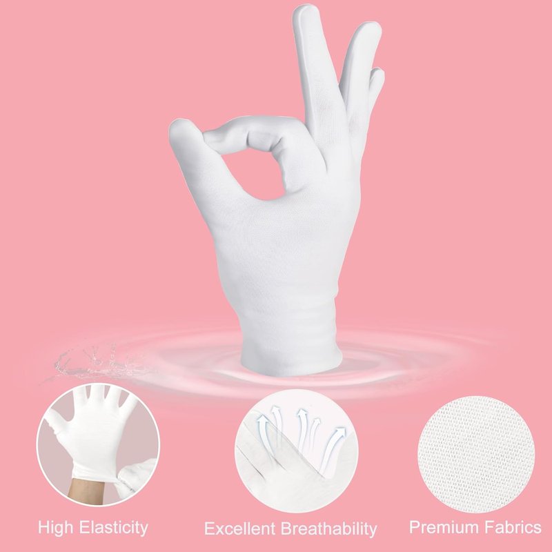 White Cotton Gloves for Eczema Care | 12-Pack Soft Sleep Gloves for Dry Hands, Arts & Crafts, Wedding, Halloween