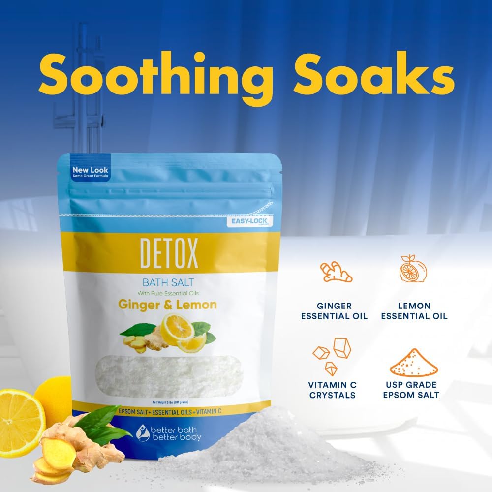 Detox Bath Salt - 32 Ounces Epsom Salt with Ginger & Lemon Oils | Vitamin C Infused, BPA-Free Pouch
