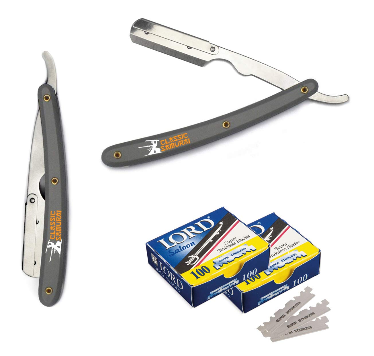 Classic Samurai Stainless Steel Professional Barber Folding Straight Edge Razor Shavette Men's Shaving Kit with 200 Count Lord Single Edge Razor Blades (Gray)