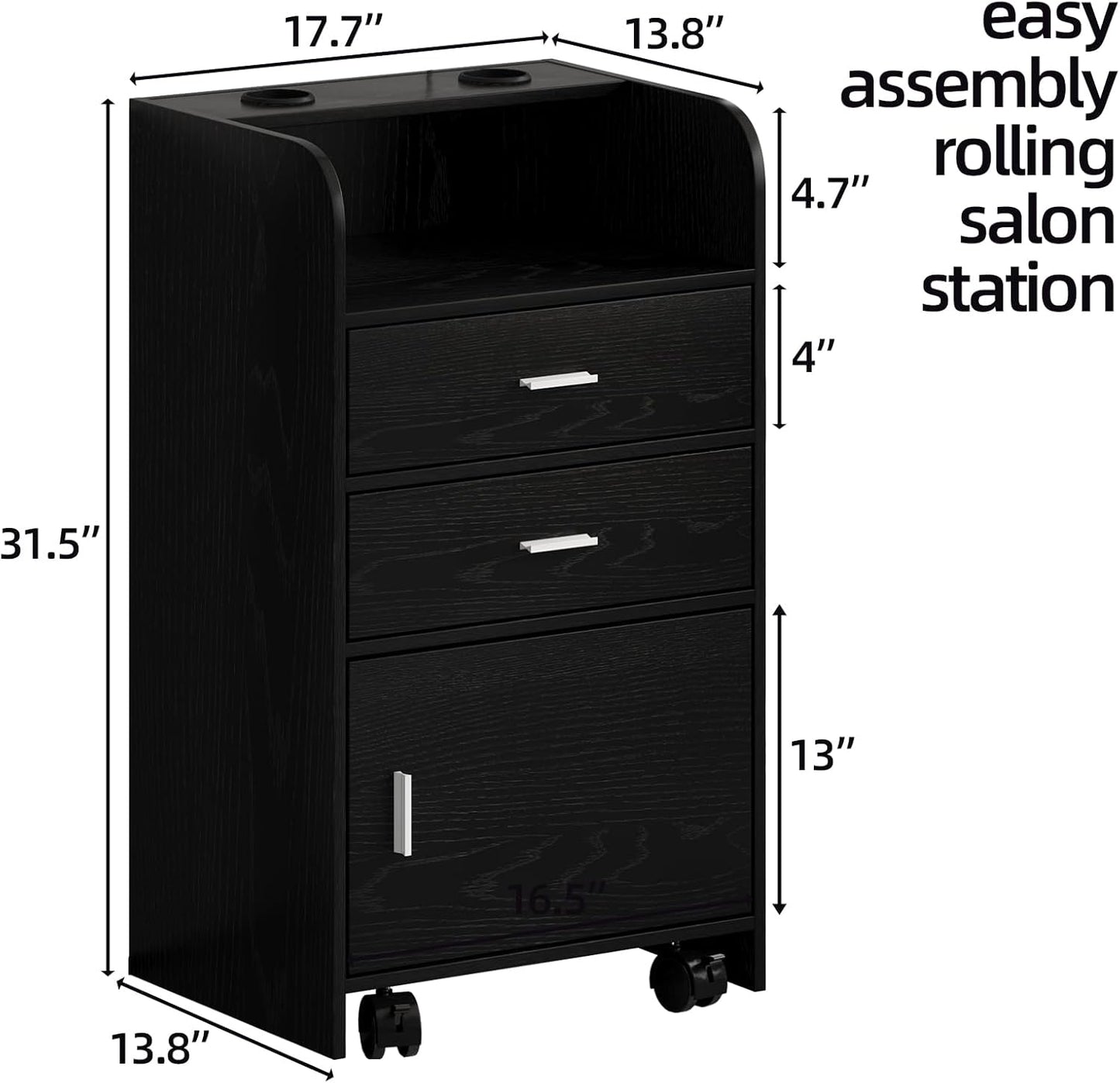Salon Station for Hair Stylists - Mobile Organizer with Wheels | Black Beauty Barber Trolley Cart for Spa & Barbershop