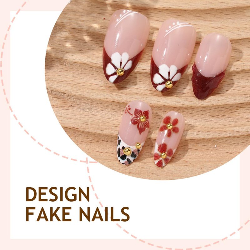 Press On Nails - Wine Red Medium Almond Fake Nails with Cherry, Leopard Print & Floral Design | 30 Pcs Reusable Manicure Set