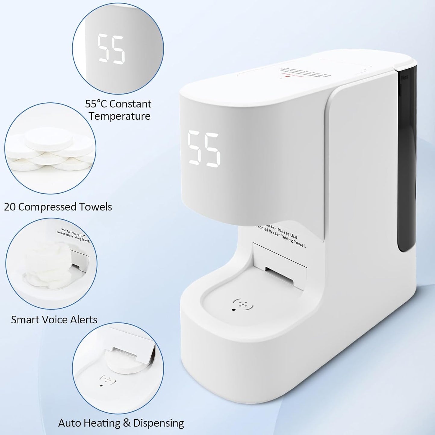 Face Towel Warmer with Voice Alert - Fast 5-Second Heating & 55°C Temperature Control | Includes 20 Compressed Towels