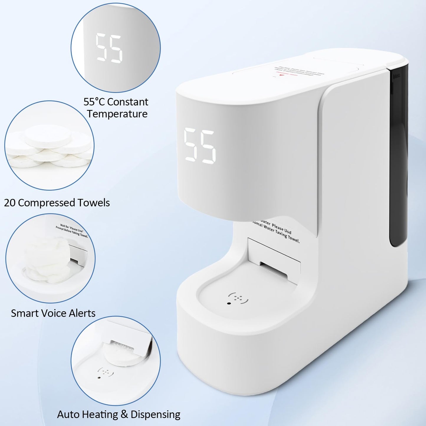 Hot Face Towel Warmer with Voice Alert - 5-Second Fast Heating & Automatic Dispenser, Constant 55°C (131°F) Temperature Control, Includes 20 Compressed Towels (Towel Machine)