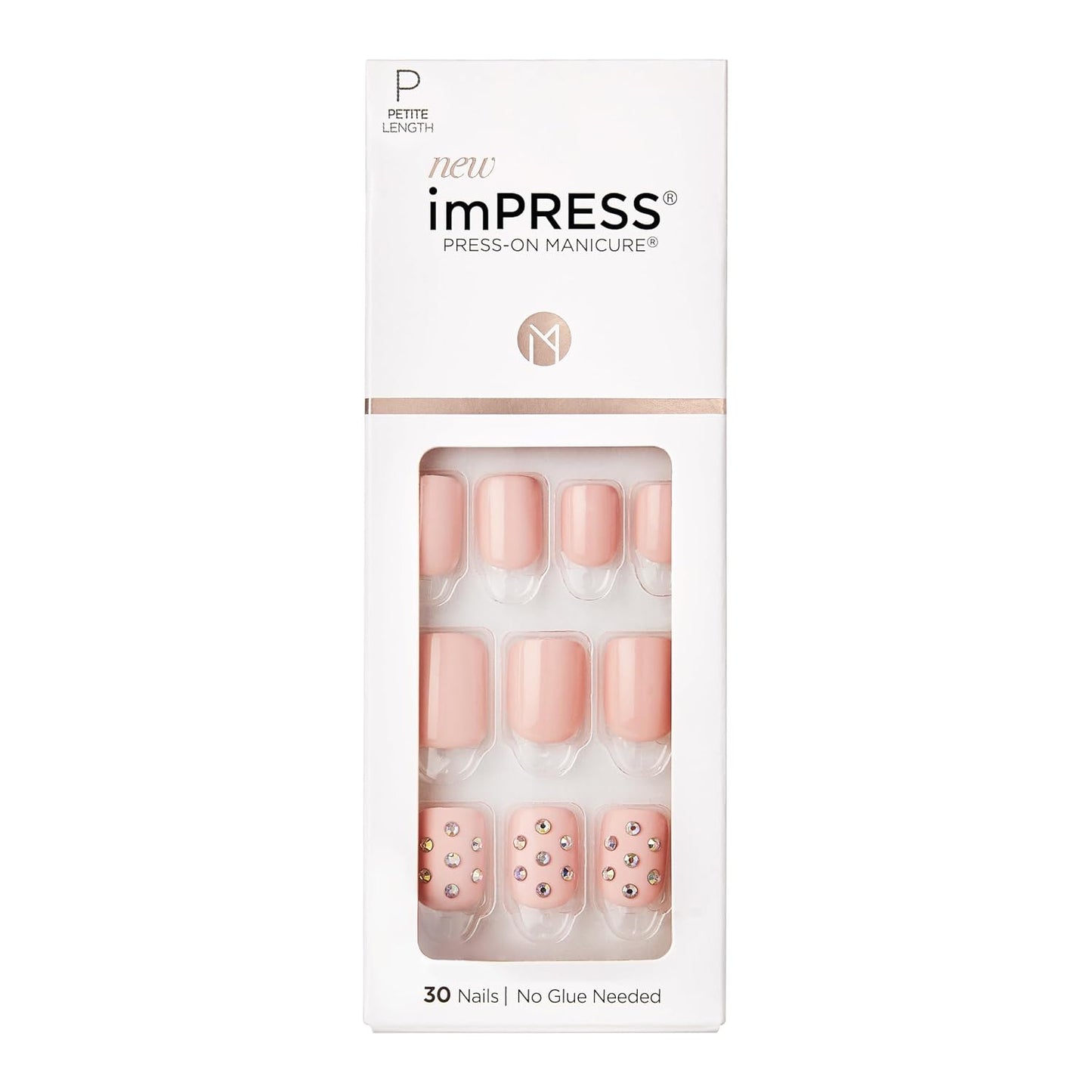 Kiss Impress No Glue Mani Press-On Nails - 'This Feeling' Pink Squoval Design | Petite Size, 30 Nails Included