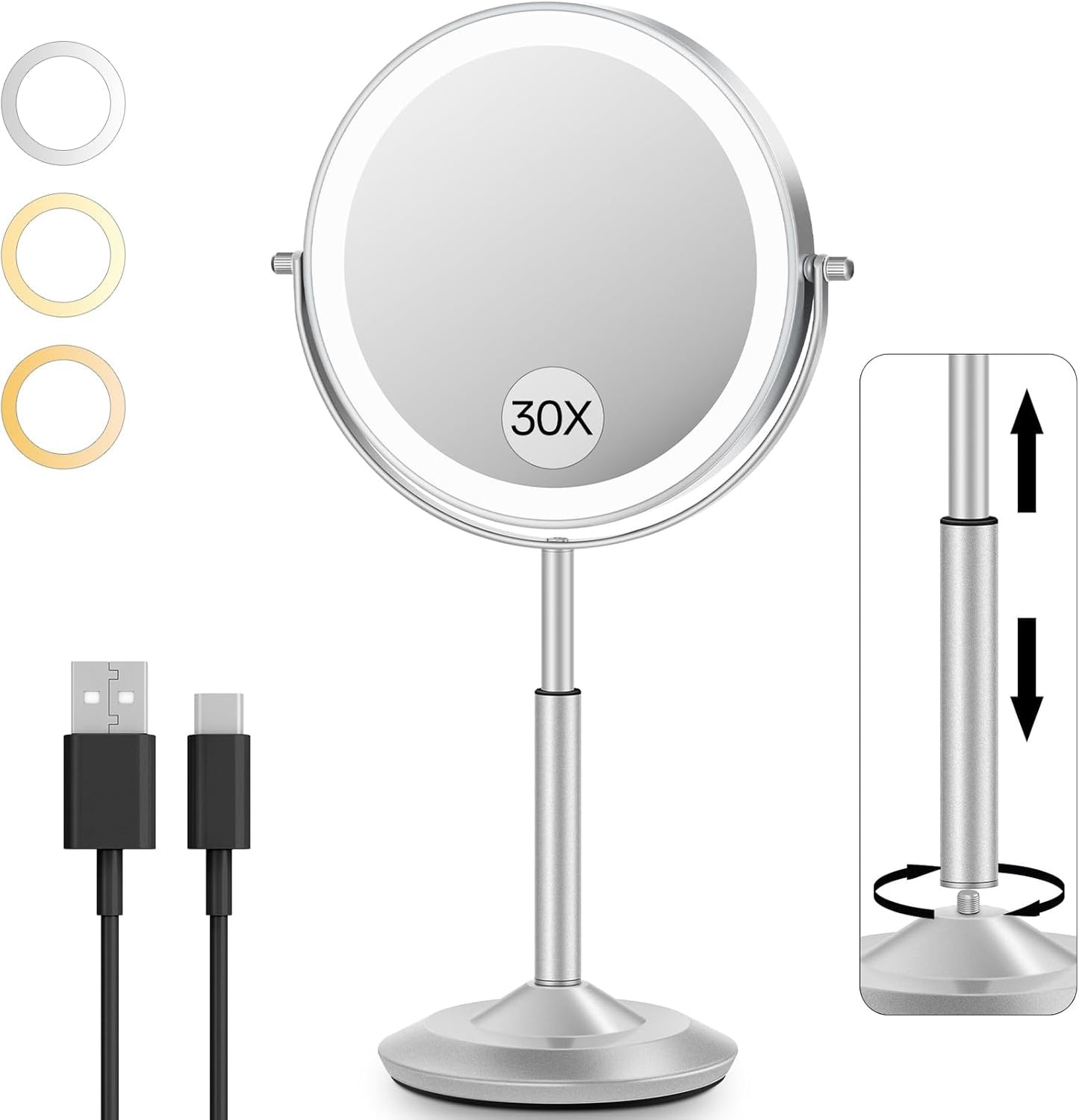 30X/1X Makeup Mirror with Lights - Adjustable Height, 3 Lighting Modes & Rechargeable | Perfect Gift for Women
