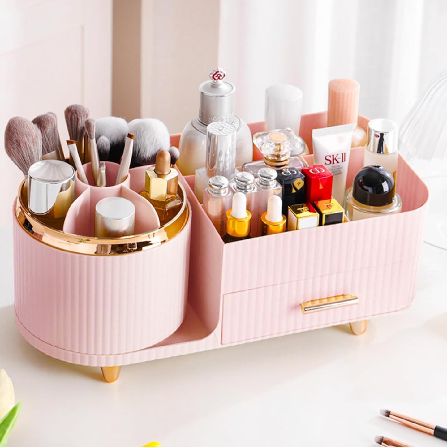 Rotating Makeup Organizer - Large Spinning Vanity Storage with Brush Holder | Black Cosmetic Display Case