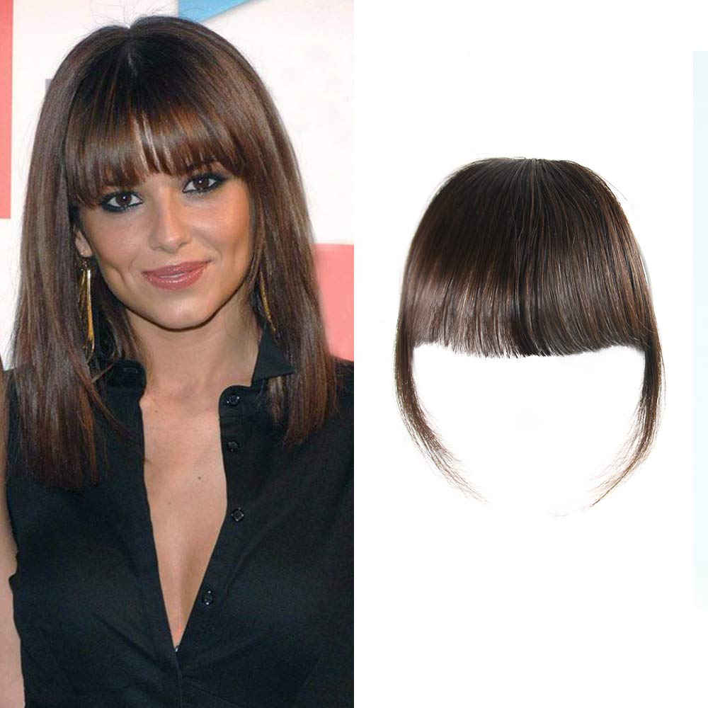 Clip-In Bangs - Natural Real Human Hair Wispy Fringe Extensions | Black Brown Flat Bangs