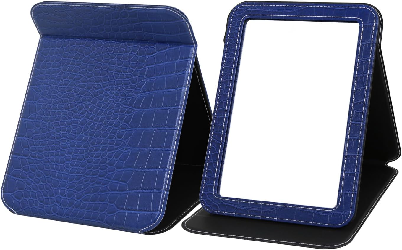 Foldable Desk Mirror - Blue Adjustable Angle Travel Mirror with PU Edge Cover | 6.5×8.9”