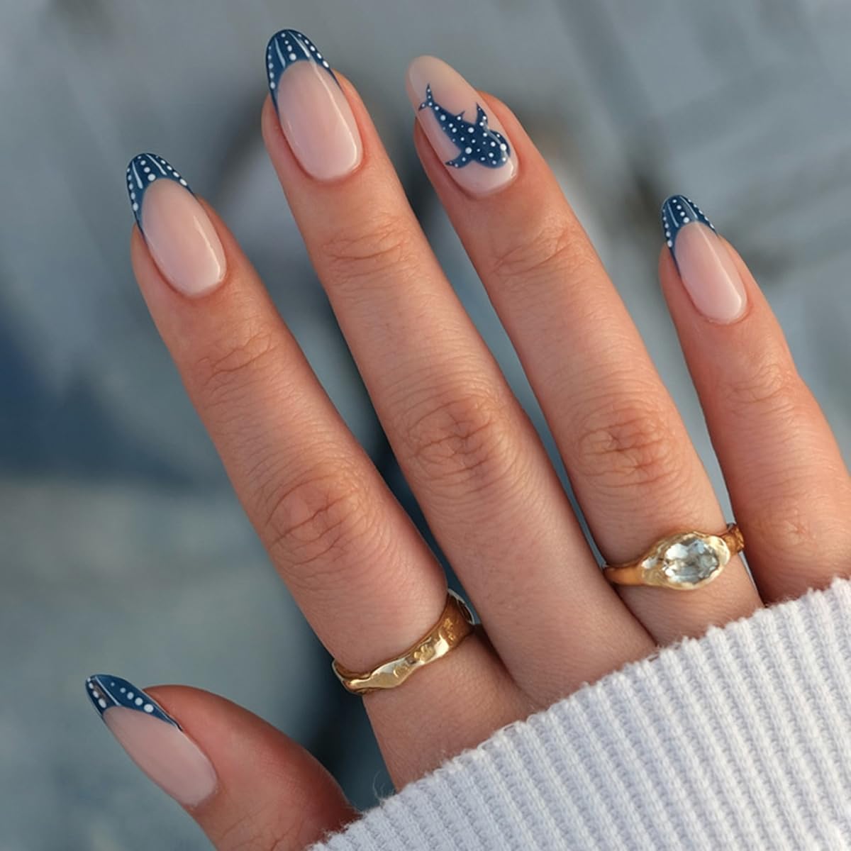 Press On Nails - Glossy Marble Medium Almond with 3D Flower & Gold Star Charms | 30 Pcs, Reusable for Ocean Beach Manicure