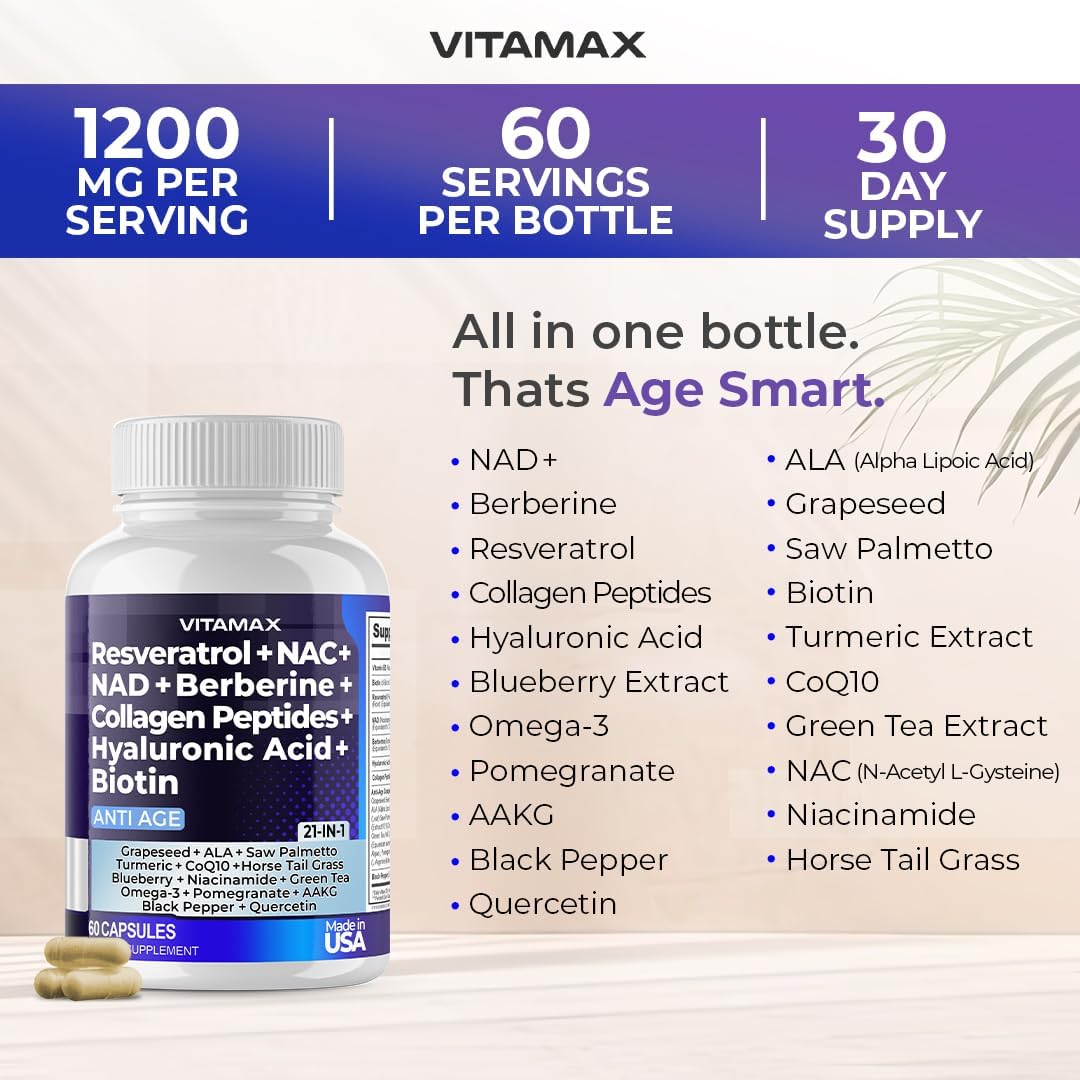 Resveratrol NAD+ Berberine Supplement - 21-in-1 Hair, Skin & Joint Support - 60 Capsules