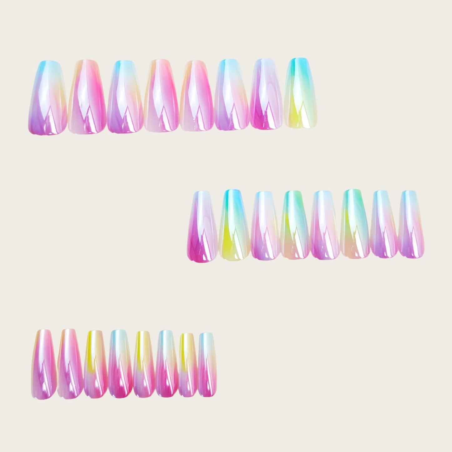 Dreamy Rainbow Aurora Press-On Nails - Medium Coffin Shape | 24 Pcs Reusable Glossy Full Cover Fake Nails for Women