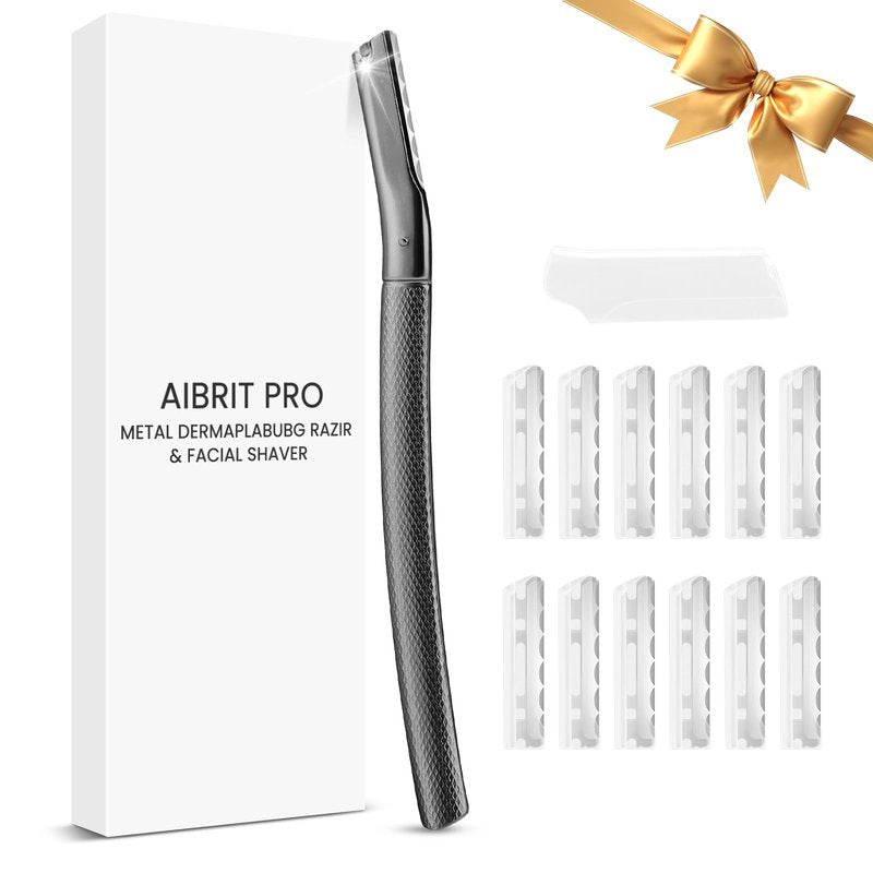 AIBRIT PRO Dermaplaning Tool for Face, Dermaplane Razor for Peach Fuzz with Metal Grip, Professional Eyebrow Razor for Women, Facial Razor for Women Black (12 Replaceable Blades)
