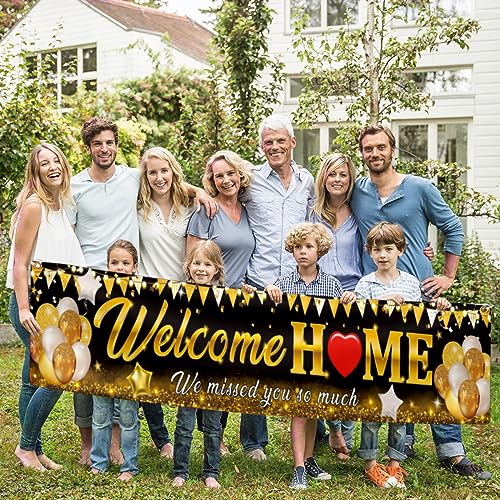 Welcome Home Banner Decoration - Black Gold Vinyl Sign for Indoor/Outdoor Celebrations