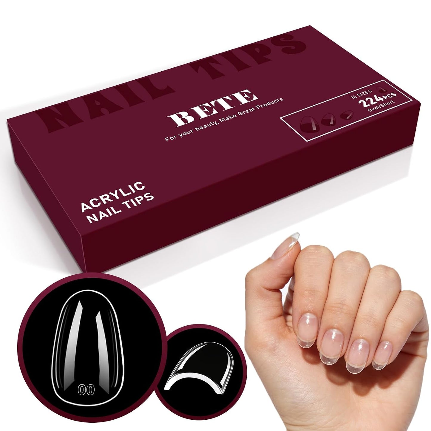 Medium Almond Clear Acrylic Nail Tips - 224 Pcs in 16 Sizes | Pre-Shaped Strong Press-On Nails for DIY Manicure