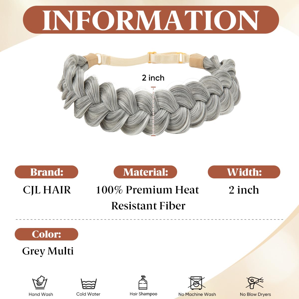 Wide Elastic Braided Headbands for Women - Adjustable Synthetic Hair Hairpiece | Grey Multi