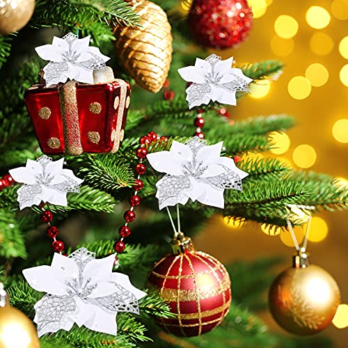Boao 24 Pcs Glitter Poinsettia Flowers for Christmas Decor