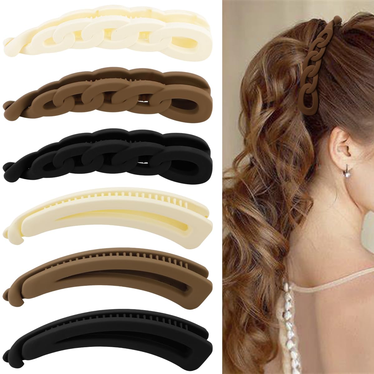 Hair Clips - 6PCS Bow Oval Banana Clips for Medium Thin Hair | 4.1 Inch Matte Strong Hold Half Ponytail Accessories